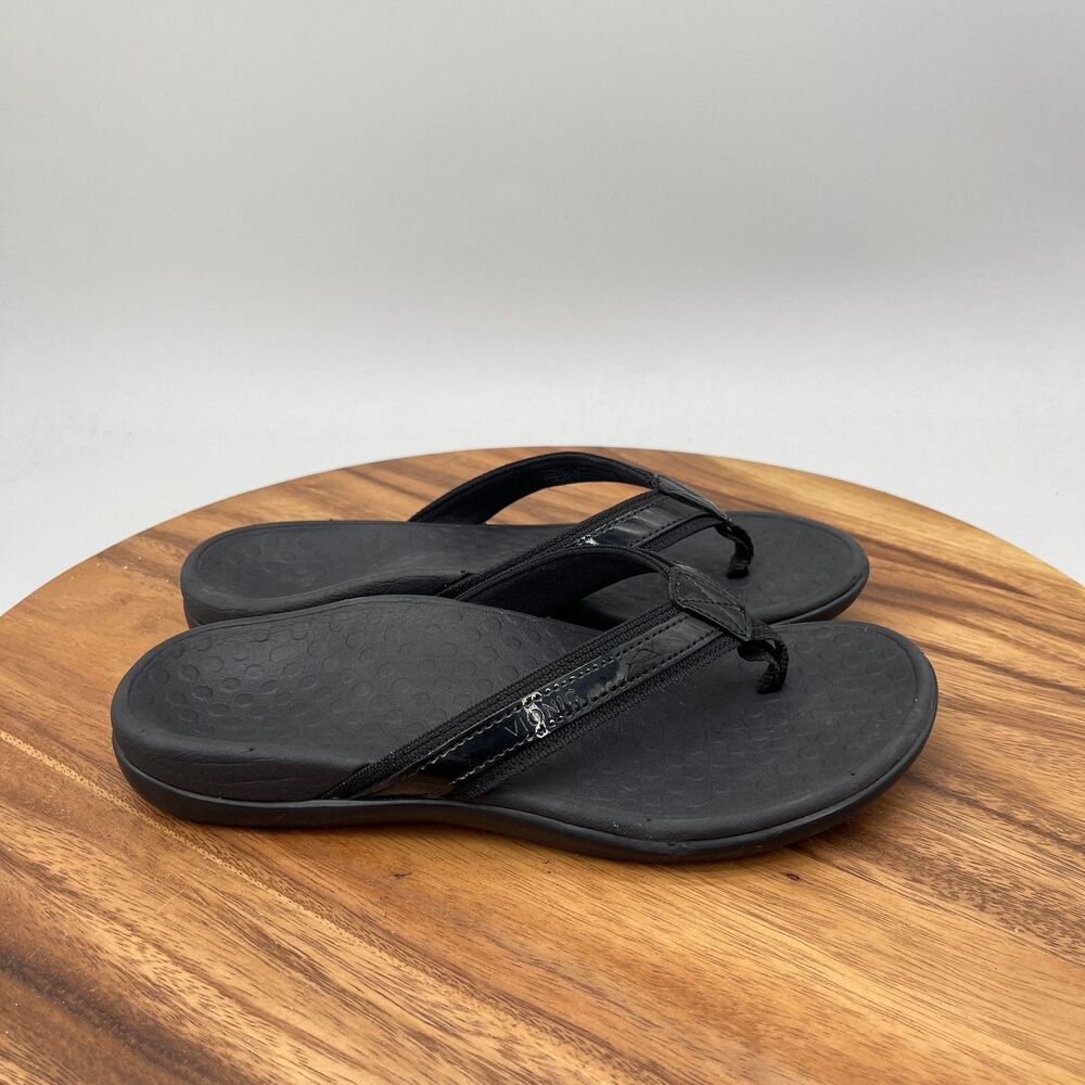 Vionic Tide Sandals Womens Size 7 Black Leather Casual Comfort Flip Flops Thong